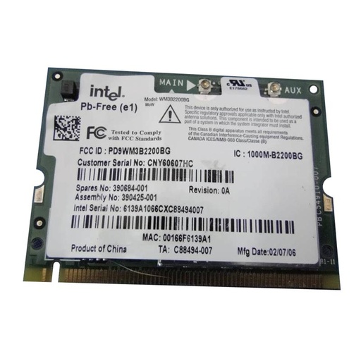 [390425-001] 390425-001 - HP Mini PCI 54G WiFi 802.11b/g Wireless LAN (WLAN) Network Interface Card for HP NC4000/NC4010/NC6000 Series Notebooks