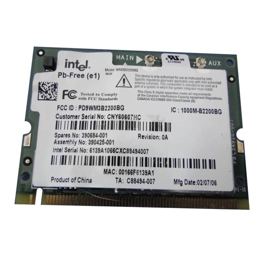 [390684-001] 390684-001 - HP Mini PCI 54G WiFi 802.11b/g Wireless LAN (WLAN) Network Interface Card for NC4000/NC4010/NC6000 Series Notebooks