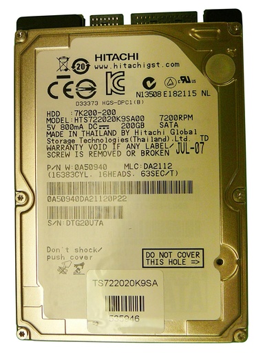[0A50940] 0A50940 - Hitachi Travelstar 7K200 200GB 7200RPM SATA 1.5Gbps 16MB Cache 2.5-inch Internal Hard Drive