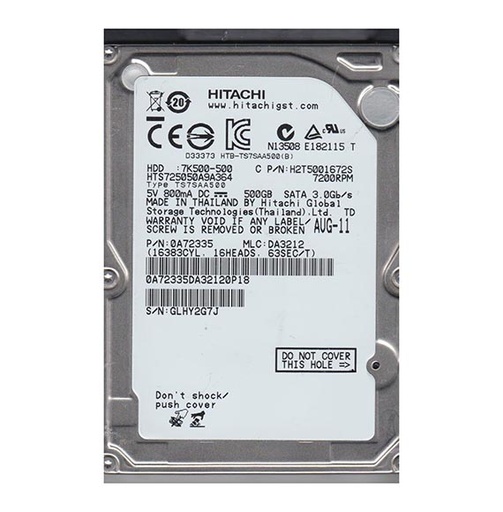 [0A72335] 0A72335 - Hitachi TravelStar 7K500 500GB 7200RPM 16MB Cache SATA 3GB/s 7-Pin 2.5-inch Hard Drive